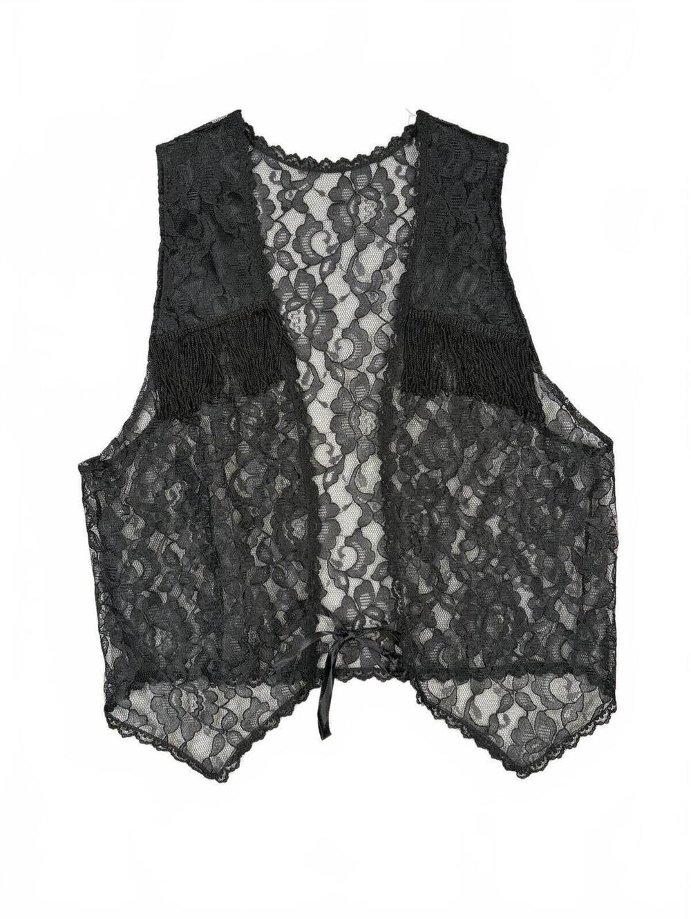 Boho Black Sheer Floral Lace Vest Tie Front Fringe Whimsigoth Fairycore Size S/M